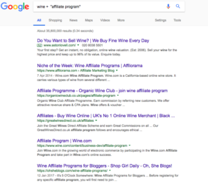 Image showing results of an example search for a wine affiliate program on Google